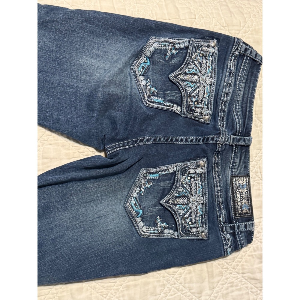 Grace in LA Boot Cut Jeans Womens 29 Blue Embroidered Sequin Flap Pocket Denim - Picture 2 of 10
